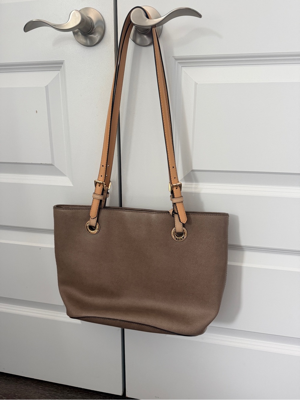 Michael Kors Taupe Pebbled Shoulder Tote with Tan Straps
